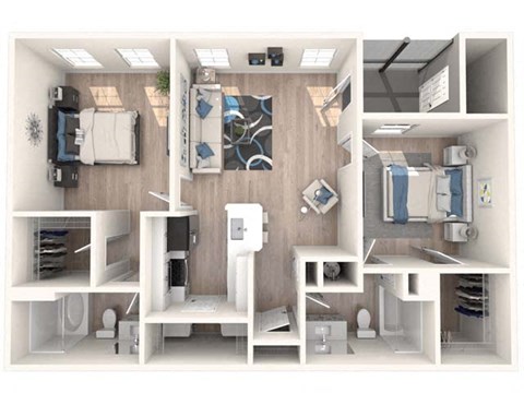 A 3D rendered image of a small, modern, white-walled apartment with a bed, a desk, a kitchenette, and a bathroom.